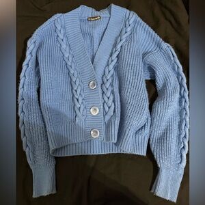 Blue Cable-Knit Button Cardigan Sweater